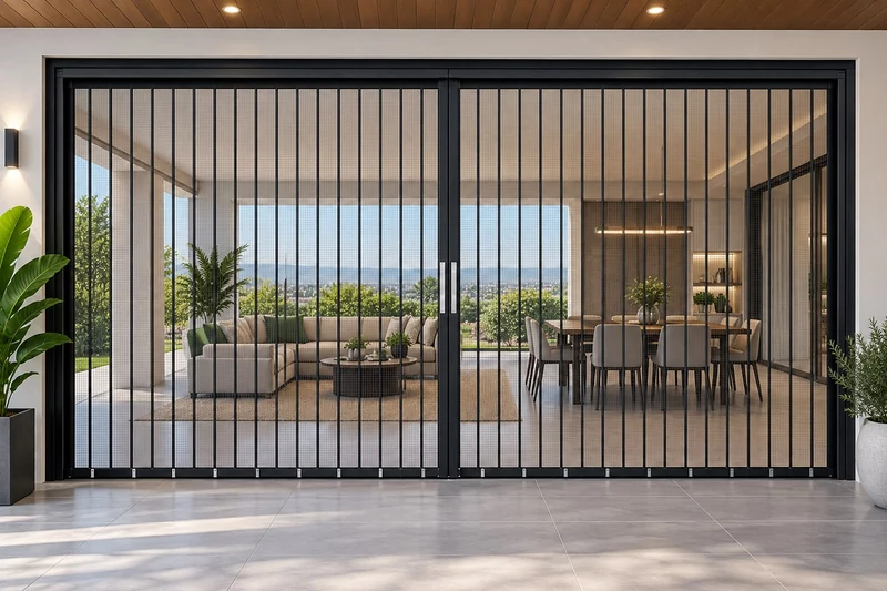 Metal pleated mesh screen across a wide balcony opening